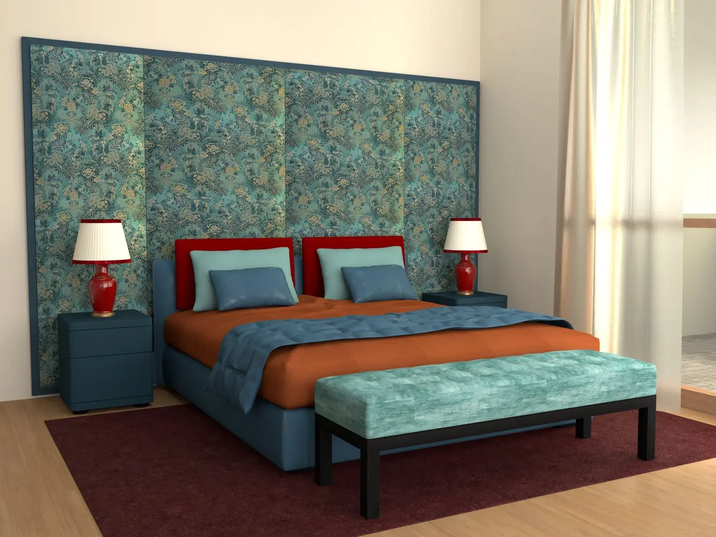 Una camera con la parete imbottita in un tessuto verde e azzurro, il letto e la panca coordinati