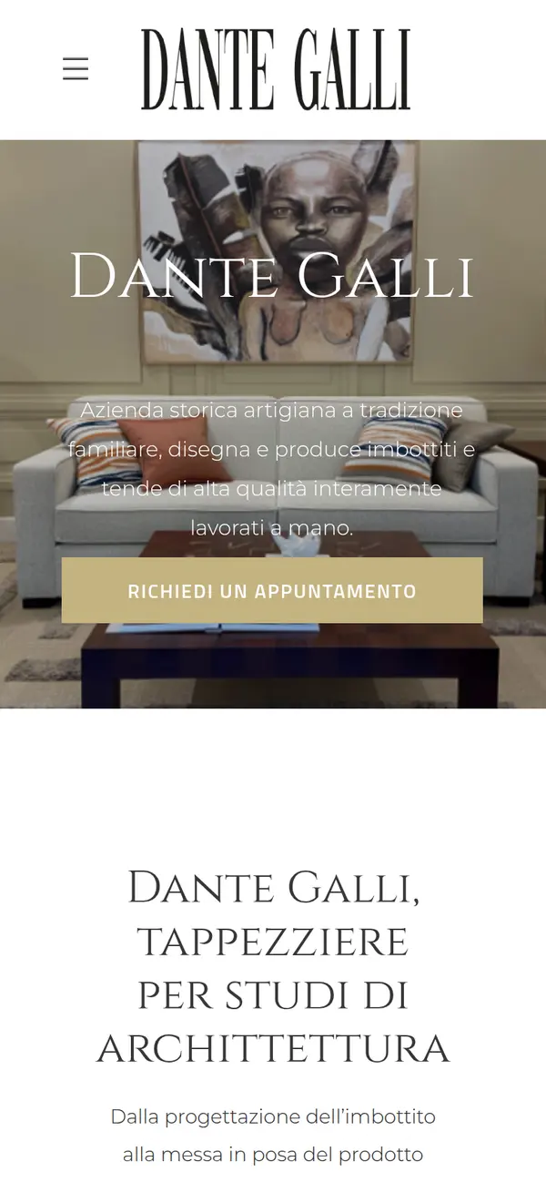 La home di dantegalli.it oggi, dal telefono, chiuso il banner dei cookie: lo showroom dietro il nome, il tasto Richiedi un appuntamento, il titolo col refuso archittettura